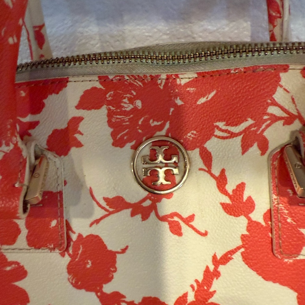 Tory Burch Orange and Cream Satchel with Floral Design - statement purse